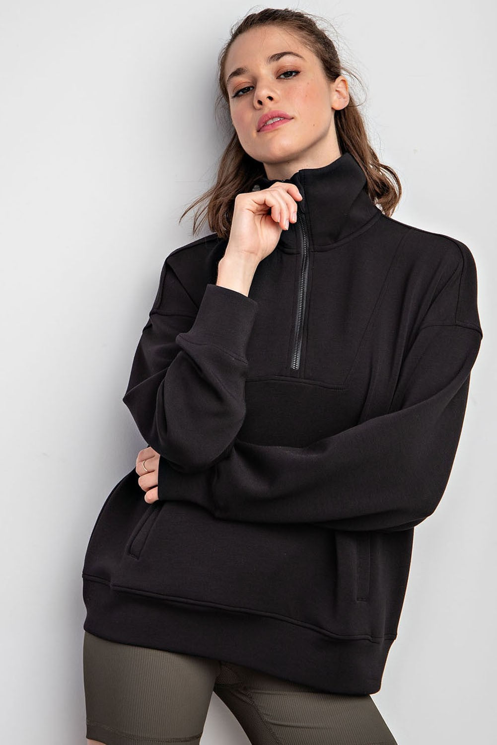 Rae Mode Solid Color Scuba Quarter Zip Up Pullover Top in Black