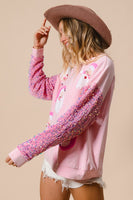 BiBi Santa Beard Patched Mineral Washed Top with Velvet Sequin Sleeves in Pink