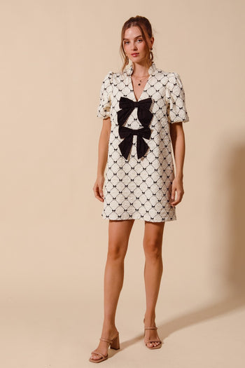 So Me Jacquard Ribbon Print Dress with Big Ribbon Bow Appliques in Ivory