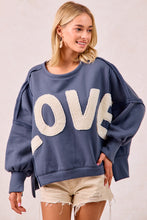 Load image into Gallery viewer, BiBi OVERSIZED French Terry Top with Contrasting Fleece "LOVE" Letter Patches in Dusty Blue/Ivory
