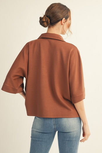 Jodifl Solid Color Collared V Neck Top in Brown ON ORDER