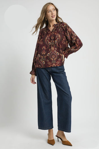 Umgee Floral Damask Print Top in Wine Mix