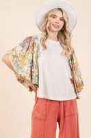 Mittoshop Floral Print Patchwork Flutter Sleeve Top in Mauve Combo