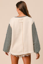 Load image into Gallery viewer, BiBi Solid Color Body Top with Striped Sleeves and Star Patches in Oatmeal
