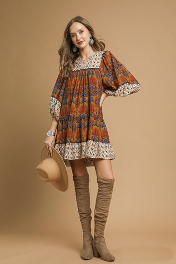 Umgee Contrasting Boho Print Mini Dress in Terracotta Mix