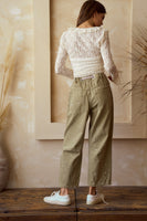 LovLov Paint Splatter and Patched Barrel Pants in Olive