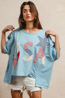 BiBi Oversized Knit Top with Mix n Match USA Patchwork in Light Denim