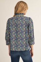 Jodifl Pleated Ruffled Neck Button Down Floral Top in Cobalt Blue