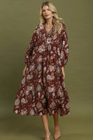 Umgee Floral Print Boho Maxi Dress in Merlot