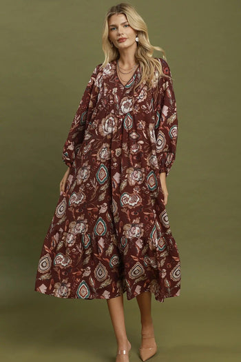 Umgee Floral Print Boho Maxi Dress in Merlot