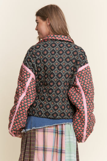 J.nna Mixed Print Quilted Puffer Jacket in Rose Garden
