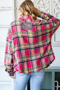 Oli & Hali Button Up Mixed Plaid Shirt with Front Star Patch in Red Shirts & Tops Oli & Hali   