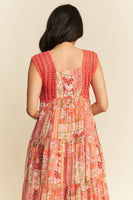 Davi & Dani Ethnic Print Maxi Dress with Open Crochet Straps in Coral Orange
