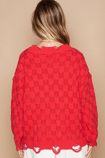 POL Solid Color Sweater with Weaved Fabric Details in Candy Apple