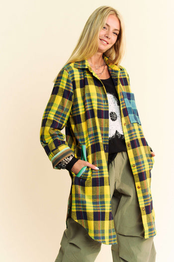 Davi & Dani Mixed Stripe and Plaid Button Down Tunic Top in Jade Multi