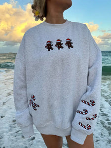 Full Embroidery Christmas Gingerbread Recipe Sweatshirt in Grey