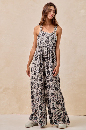 BiBi Mineral Washed Denim Rose Print Wide Leg Jumpsuit in Grey/Black