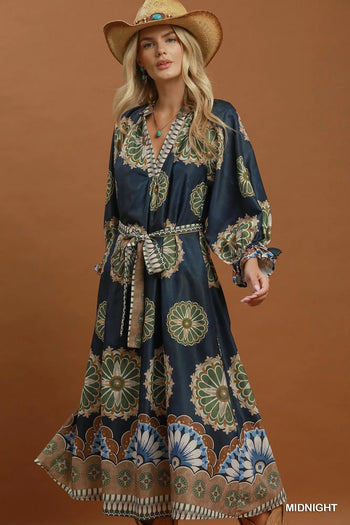Umgee Abstract Print Belted Midi Dress in Midnight