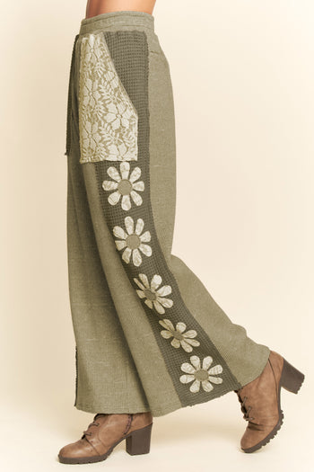 Davi & Dani Heavy Waffle Knit Pants with Flower Patches in Sage