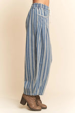 Load image into Gallery viewer, Davi &amp; Dani Striped Barrel Pants in Light Denim Stripe
