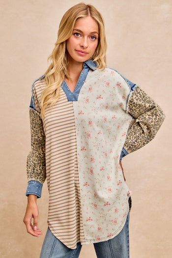 BiBi Mix N Match Long Tunic Top in Ivory/Latte Stripes