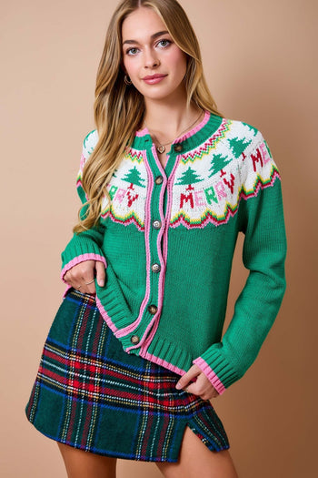 day+moon Christmas Fair Isle Knit Cardigan in Green Multi