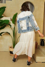 Load image into Gallery viewer, Davi &amp; Dani Distressed Denim and Lace Jacket in Light Denim
