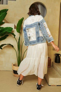 Davi & Dani Distressed Denim and Lace Jacket in Light Denim