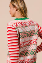 Load image into Gallery viewer, BiBi Mixed Print and Striped Christmas Knit Sweater in Red Mix
