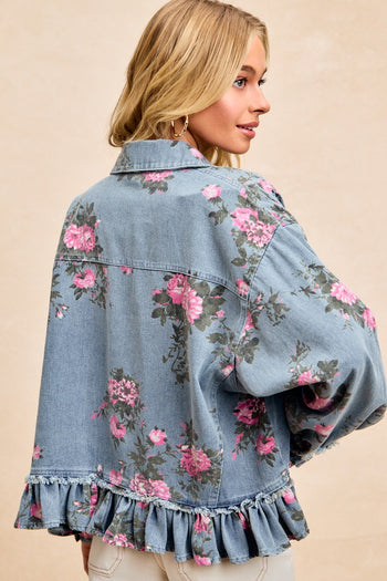 BiBi Peplum Floral Print Denim Button Down Top in Washed Denim