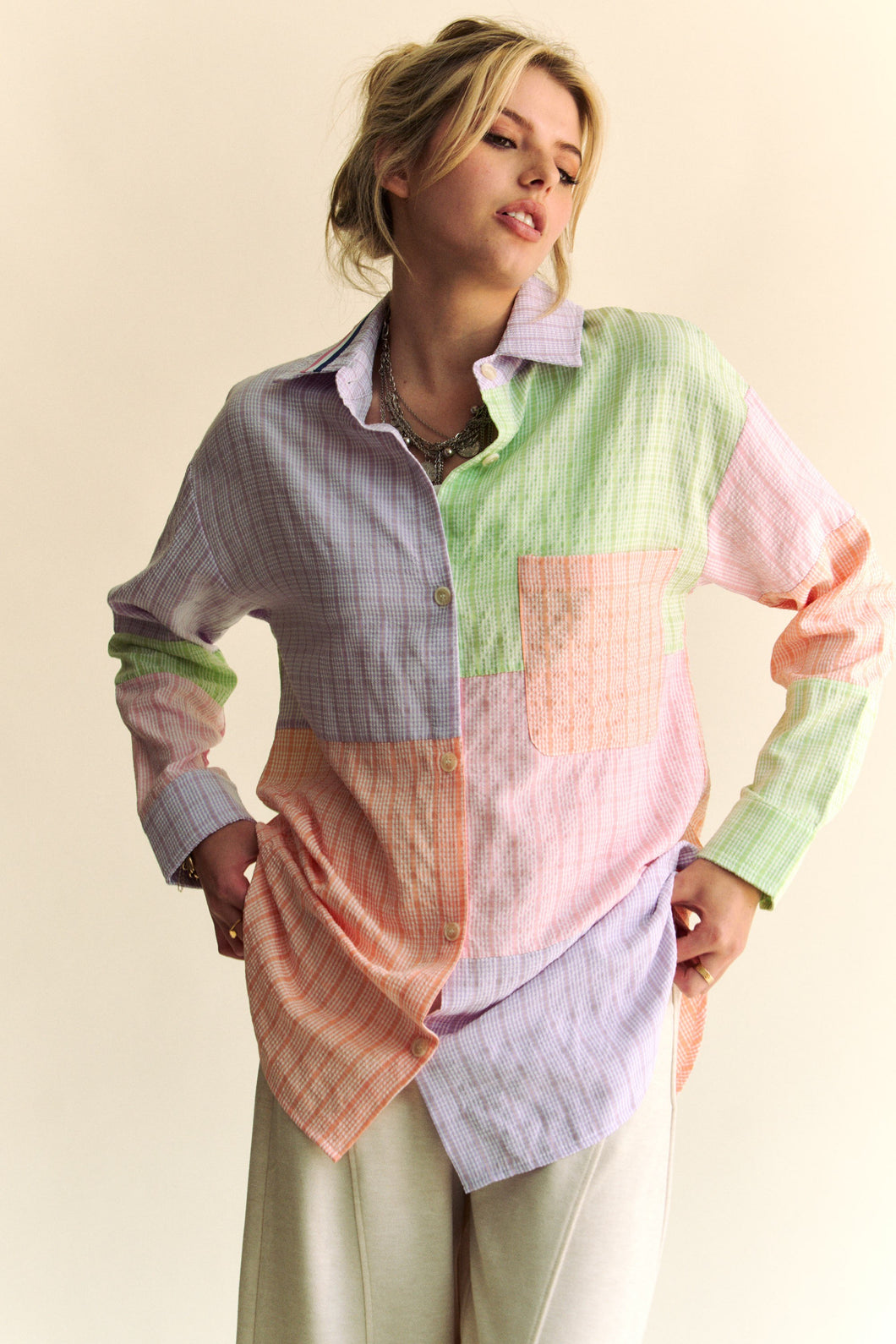 Davi & Dani Color Block Multi Colored Plaid Top in Lavender Sage