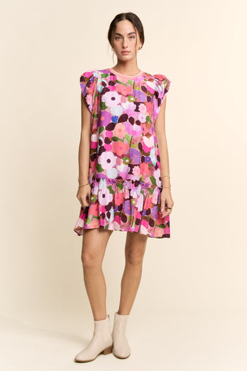Davi & Dani Ruffle Sleeve Floral Dress in Berry Pink