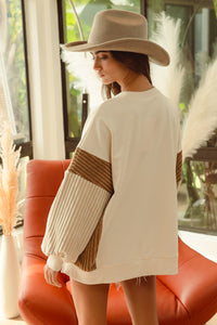 BiBi OVERSIZED French Terry and Corduroy Mixed Top in Taupe Combo