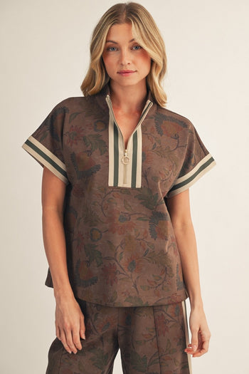 Jodifl Color Rib Band Contrast Zip Up Floral Top in Brown