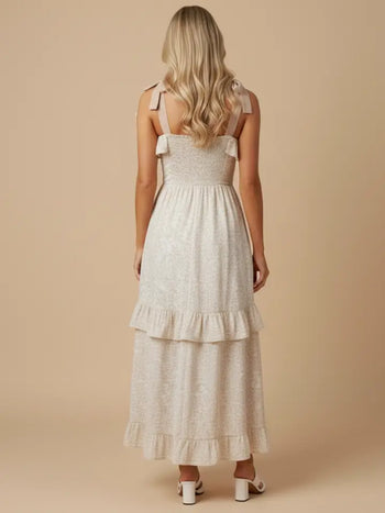 J.nna Floral Print Ruffle Detailed Maxi Dress in Taupe