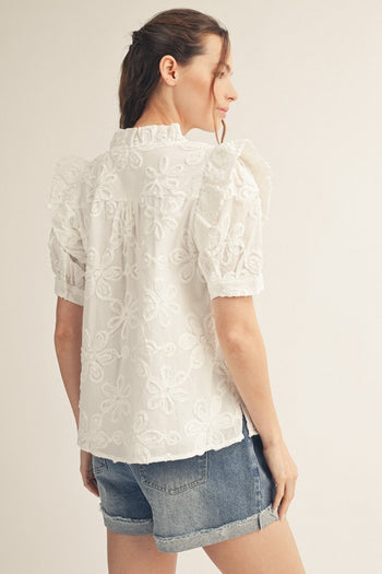 Jodifl Ruffle Detail Button Down 3D Floral Top in Off White