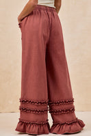 BiBi Washed Denim Wide Leg Pants with Ruffles in Washed Burgundy