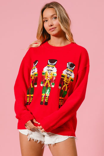 BiBi Solid Color Knit Sweater with Christmas Theme Patches in Red