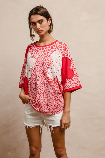 BiBi Mix N Match Top with Floral Patches in Pink Leopard