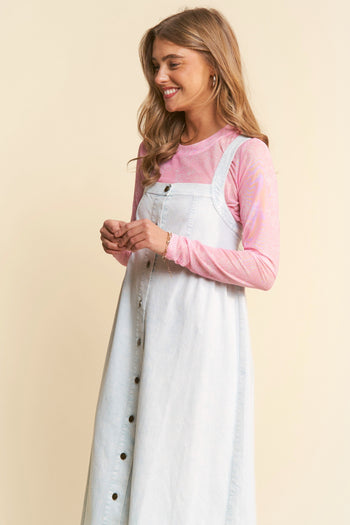 J.nna Mineral Washed Denim Button Down Front Maxi Dress in Ice Blue Denim