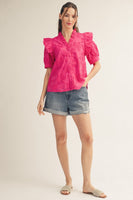 Jodifl Ruffle Detail Button Down 3D Floral Top in Hot Pink