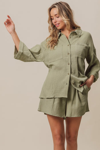 BiBi Crinkle Gauze Shirt And Short Set in Sage