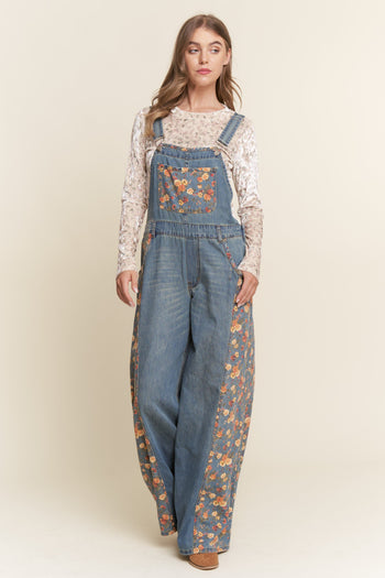 J.nna Contrasting Denim and Floral Overalls in Floral Denim