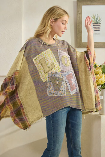 Oli & Hali OVERSIZED Mixed Fabric Poncho Top with LOVE Patched Front in Olive