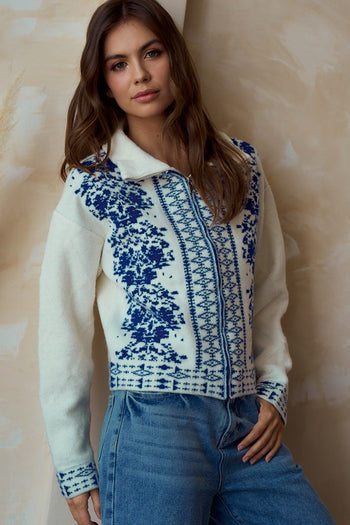 LovLov Solid Color Front Zip Cardigan With Contrasting Mix Prints in Ivory