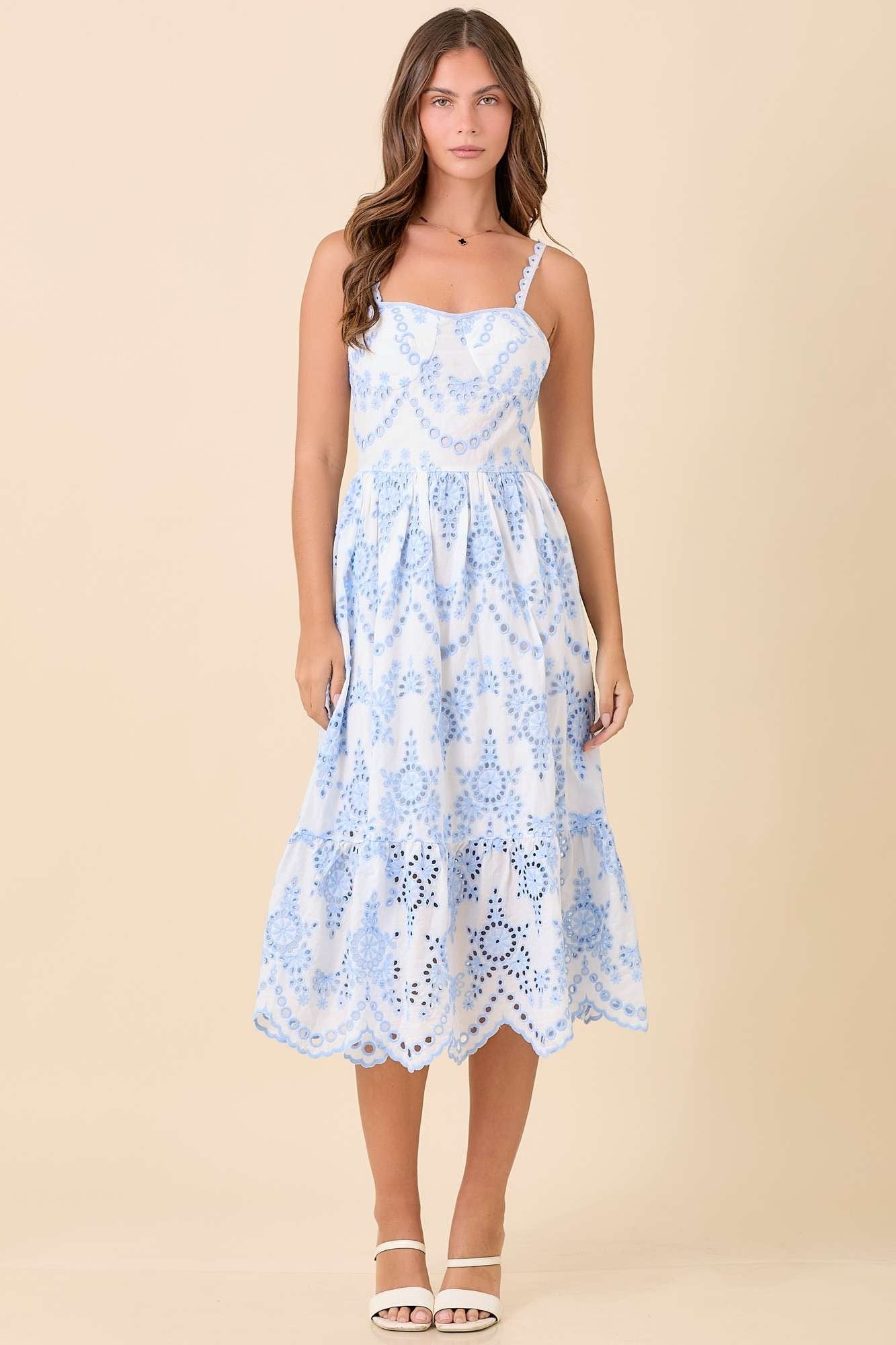 blue white eyelet dress Main Strip Lace Midi in Light M AD1388 Aspen Gingham Babydoll Dress-Black SIZE:Large cup D painted print Intricate eyelet