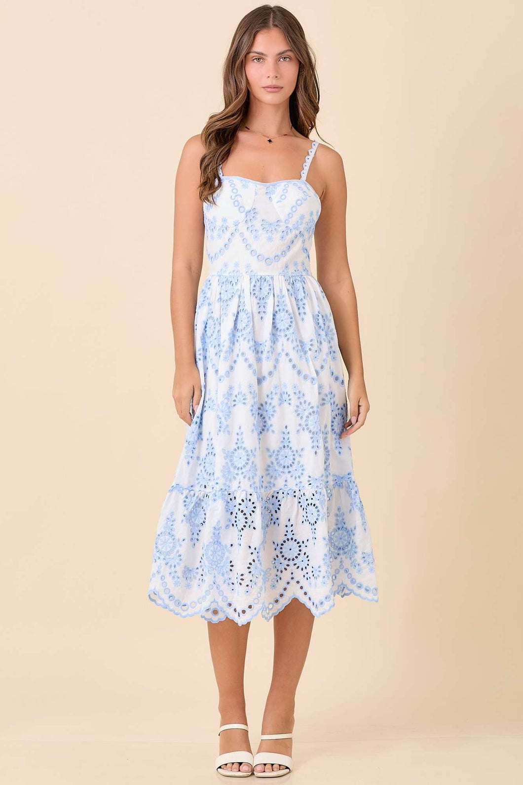 Main Strip Eyelet Lace Midi Dress in Light Blue