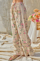 BiBi Flower Printed Twill Ruffled Detail Wide Pants in Cream