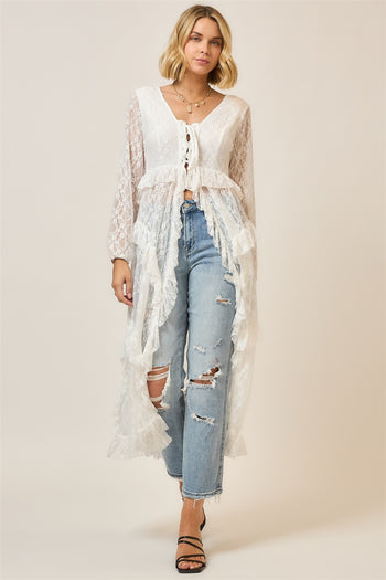 Cozy Co. Tiered Ruffled Lace Duster in Off White