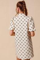 So Me Jacquard Ribbon Print Dress with Big Ribbon Bow Appliques in Ivory